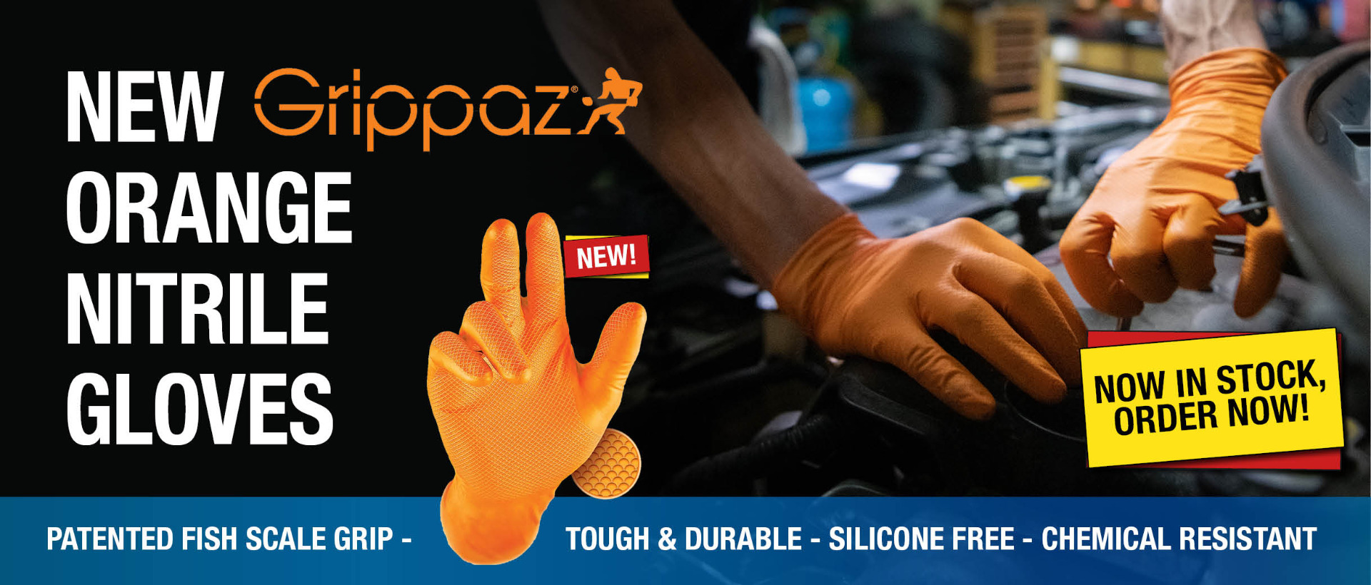 New Grippaz Orange Nitrile Gloves: Patented fish scale grip. Tough and durable. Silicone free. Chemical resistant.
